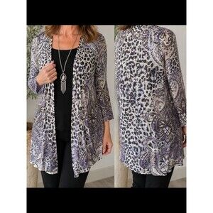 Chico’s Linen Blend Open Cardigan Animal Print Paisley Purple Beige Size 2 Large